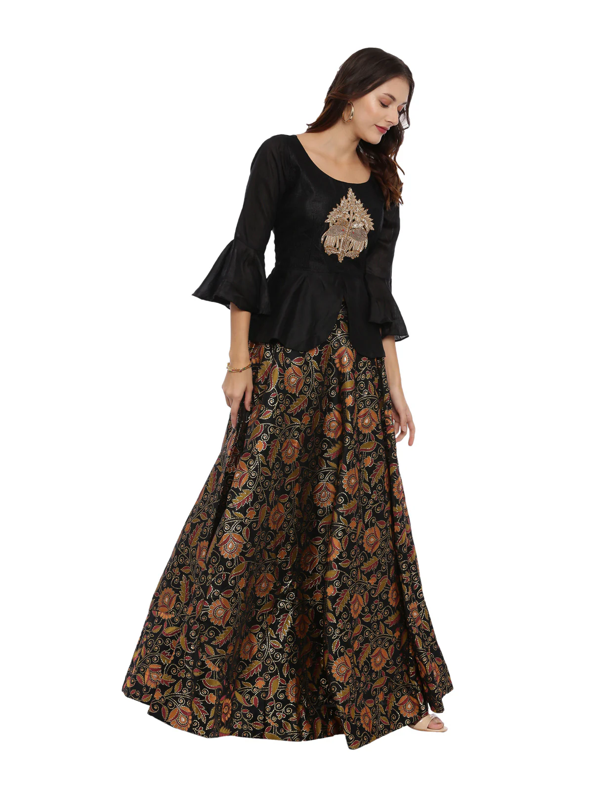 Neerus Black Color Chanderi Fabric Full Sleeves Suit-Peplum - Image 3