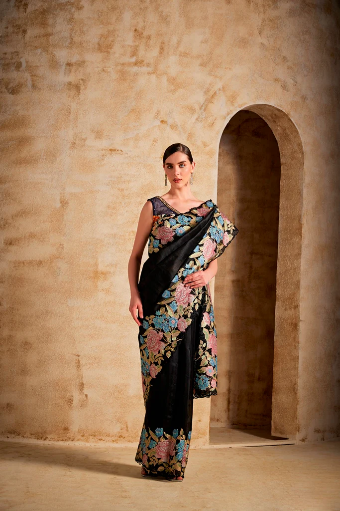 Neerus Black Color Dupion Fabric Saree