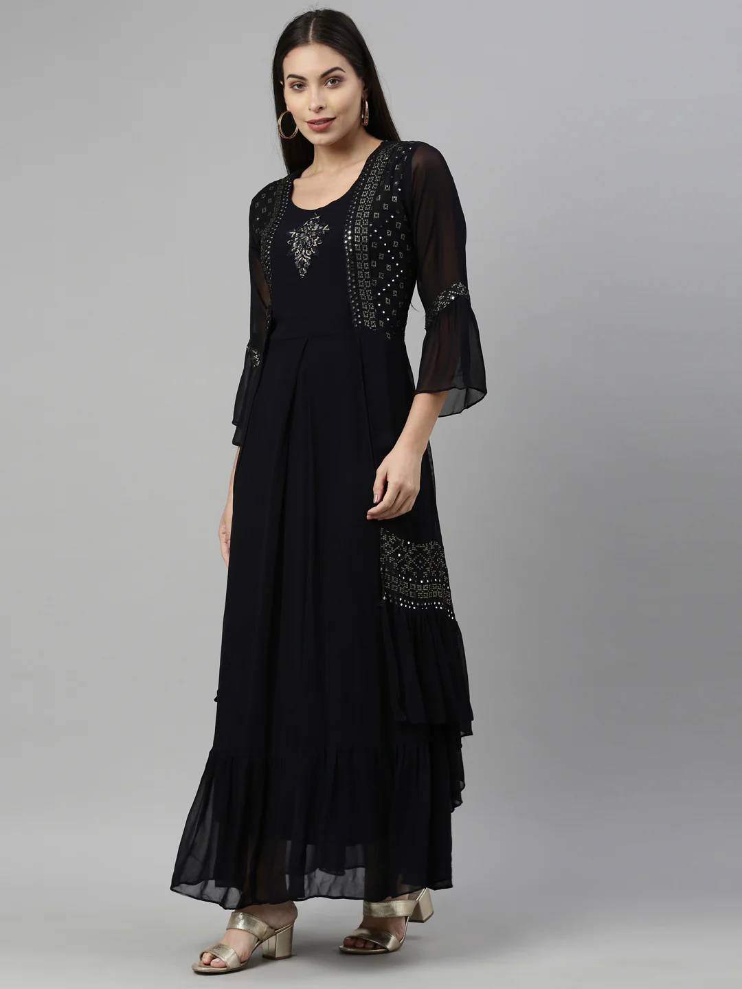 Neerus Black Color Georgette Fabric Kurta - Image 3