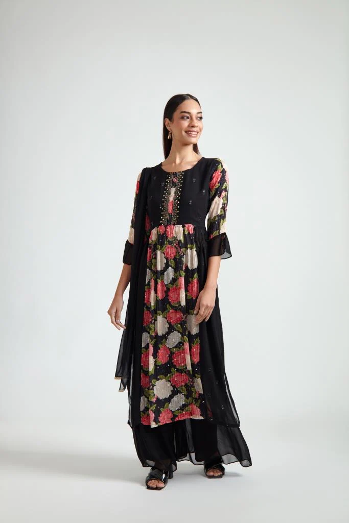 Neerus Black Color Georgette Fabric Suit Set