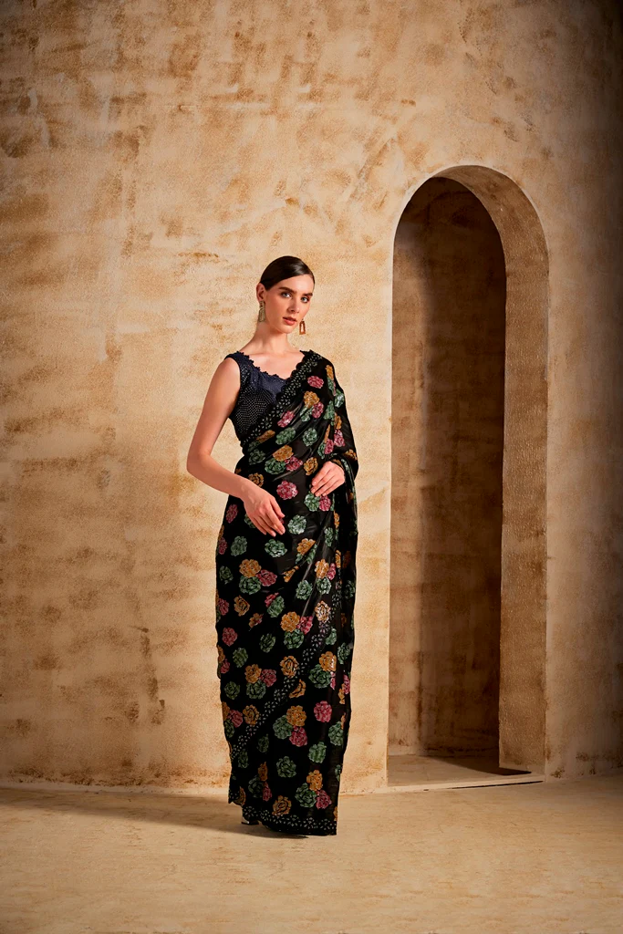 Neerus Black Color Jimmy Choo Fabric Saree - Image 2