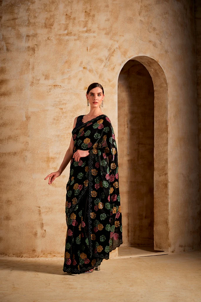 Neerus Black Color Jimmy Choo Fabric Saree - Image 3
