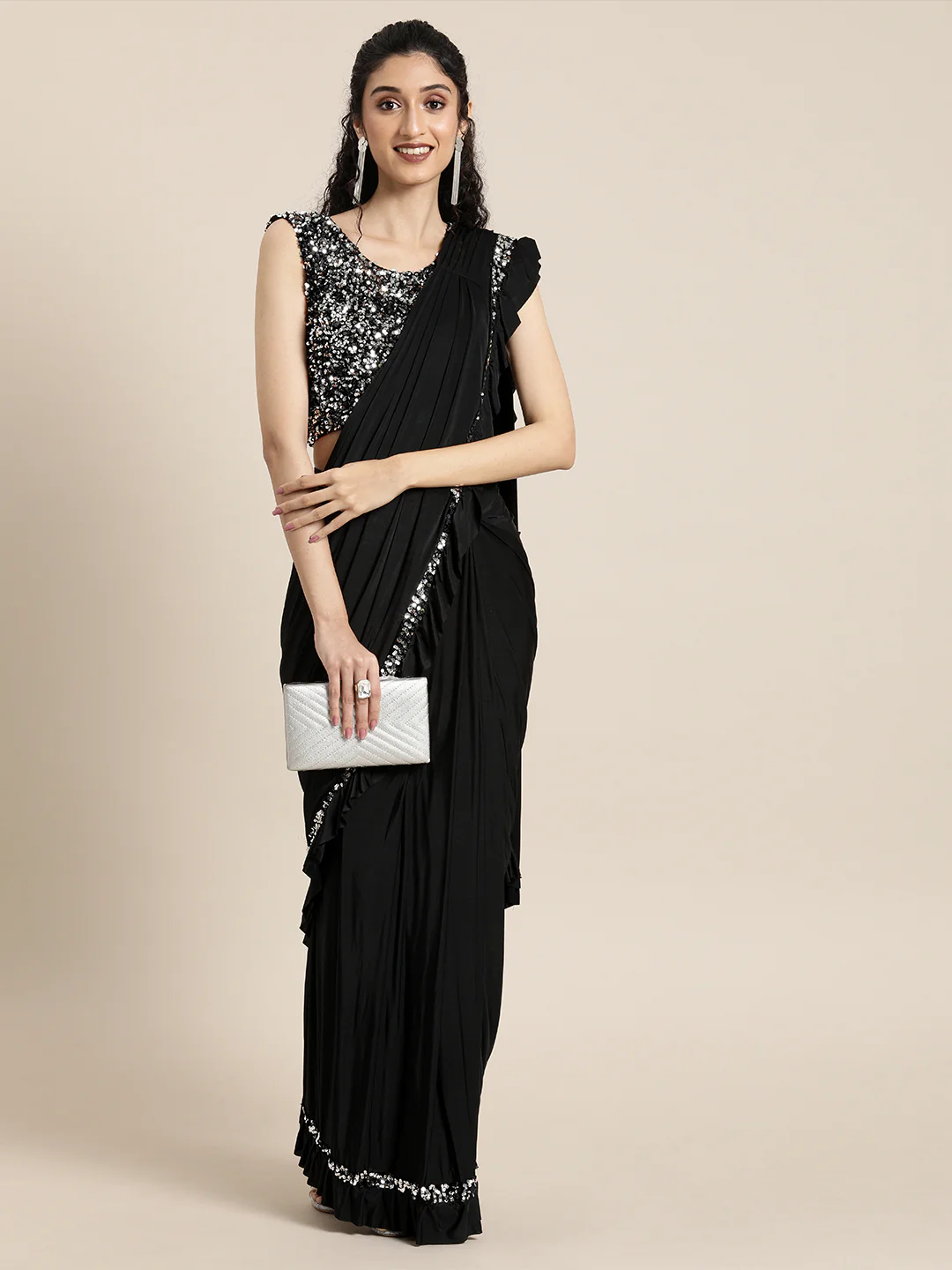 Neerus Black Color Lycra Fabric Drape Saree