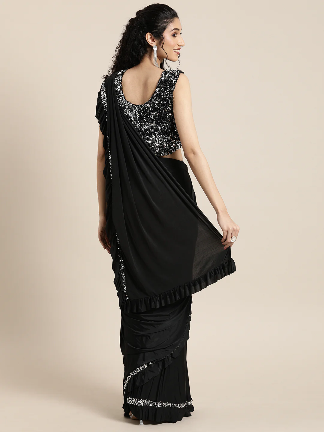 Neerus Black Color Lycra Fabric Drape Saree - Image 2