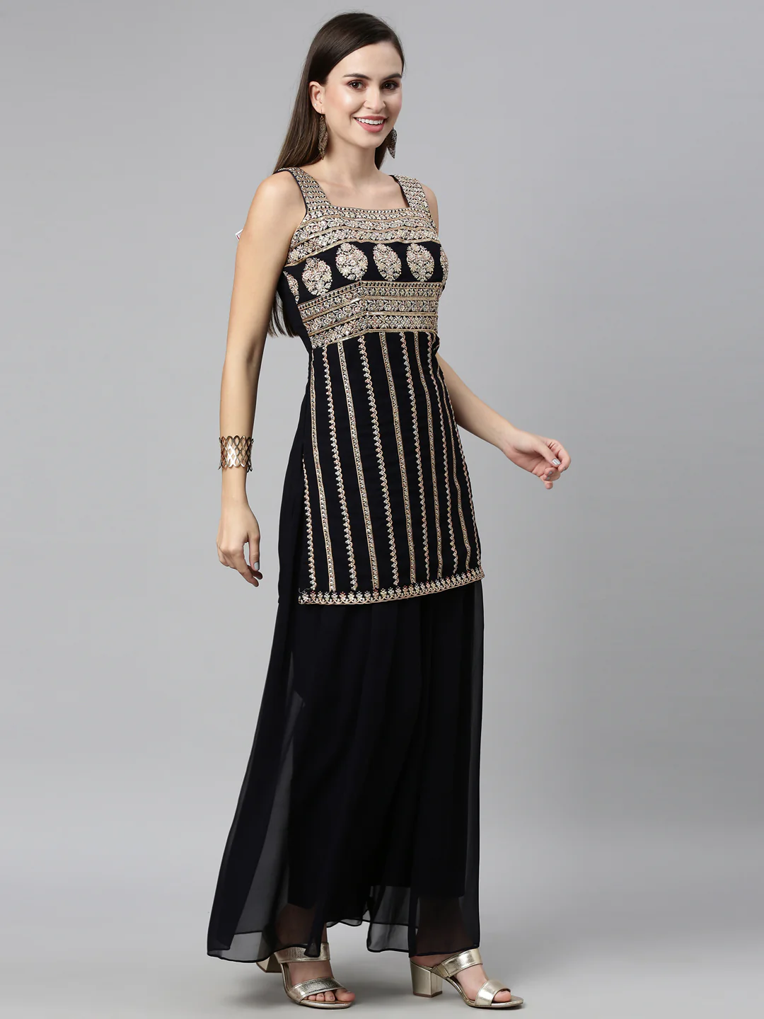 Neerus Black Color Poly Georgette Fabric Readymade Suits