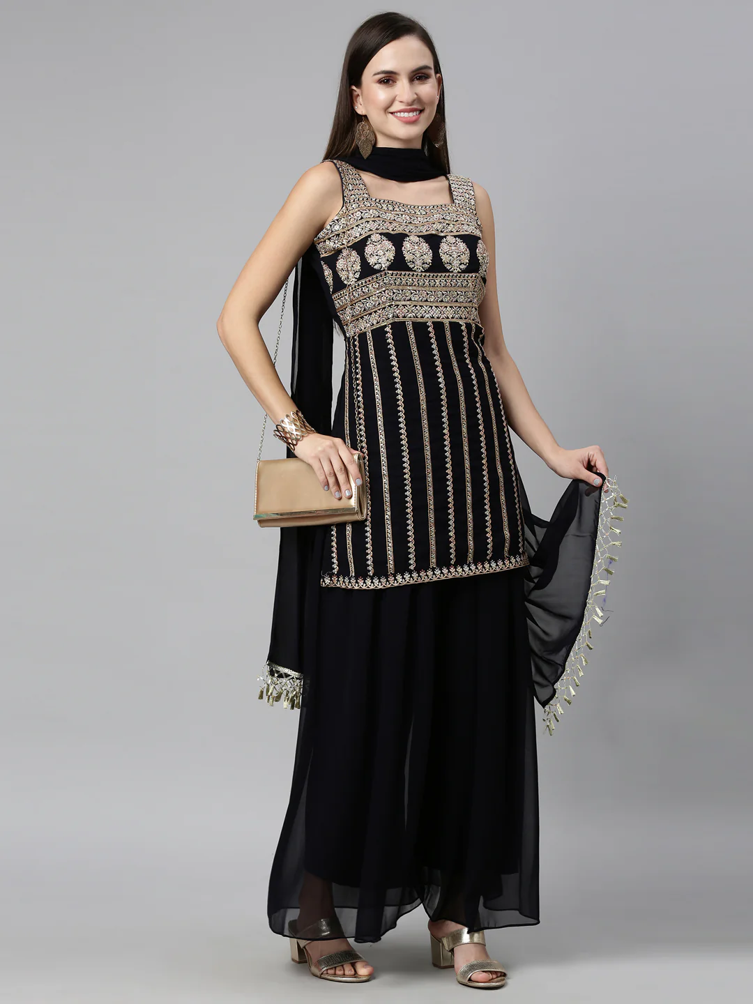 Neerus Black Color Poly Georgette Fabric Readymade Suits - Image 4