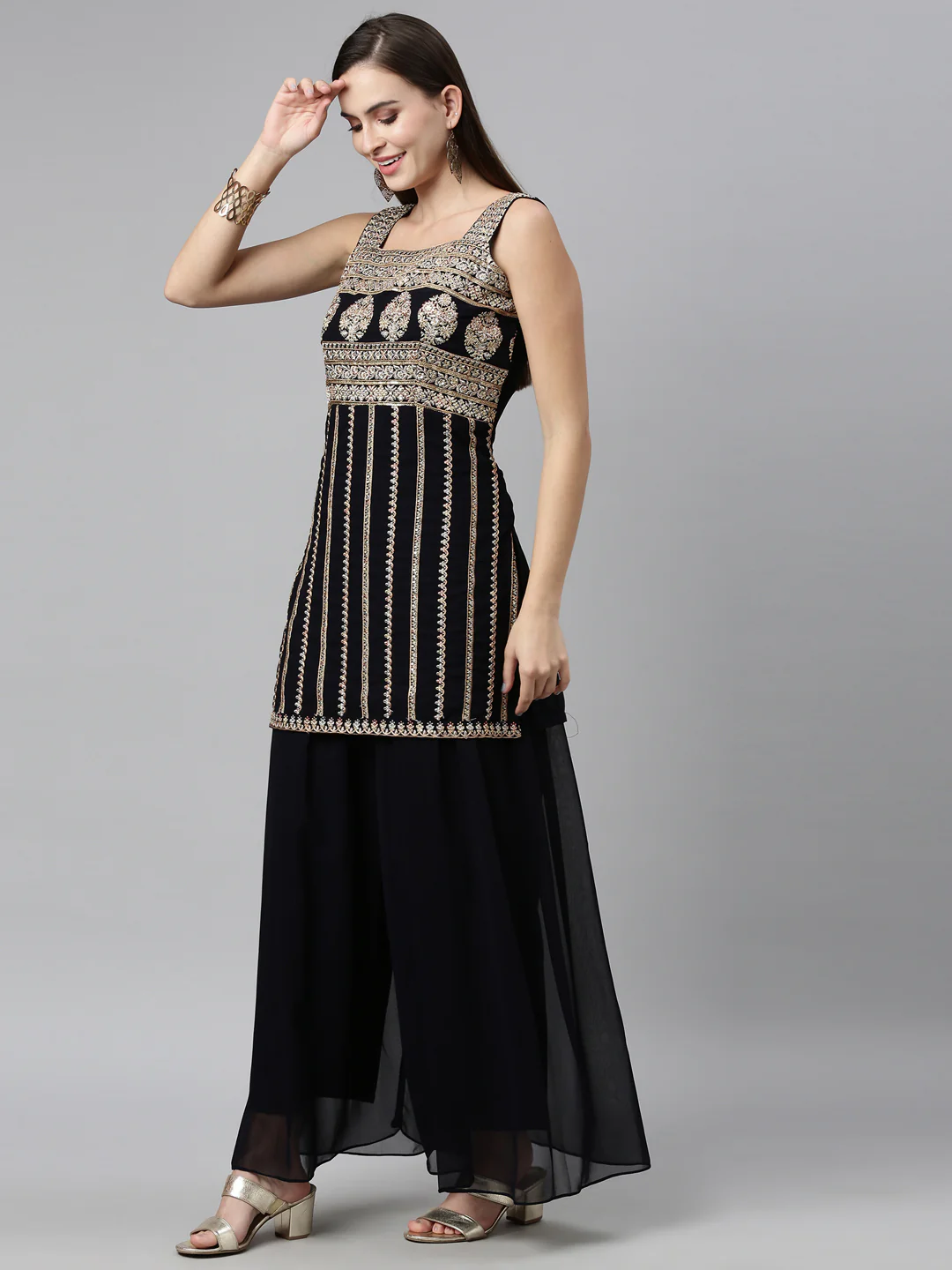Neerus Black Color Poly Georgette Fabric Readymade Suits - Image 5