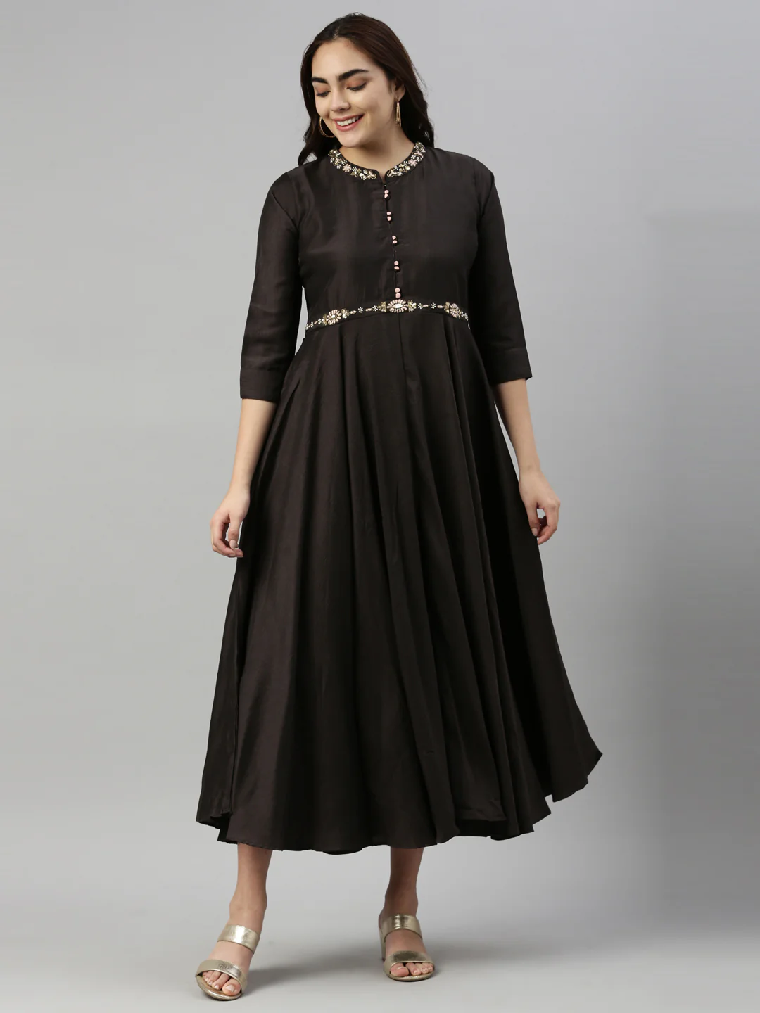 Neerus Black Color Silk Fabric Kurta