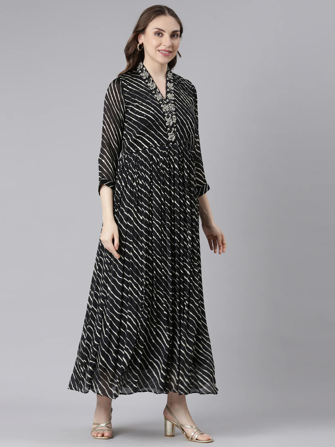 Neerus Black Cotton Straight Casual Ethnic Motifs Maxi Dresses - Image 3
