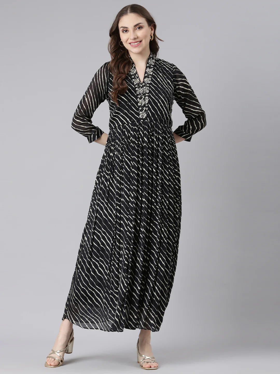 Neerus Black Cotton Straight Casual Ethnic Motifs Maxi Dresses - Image 6