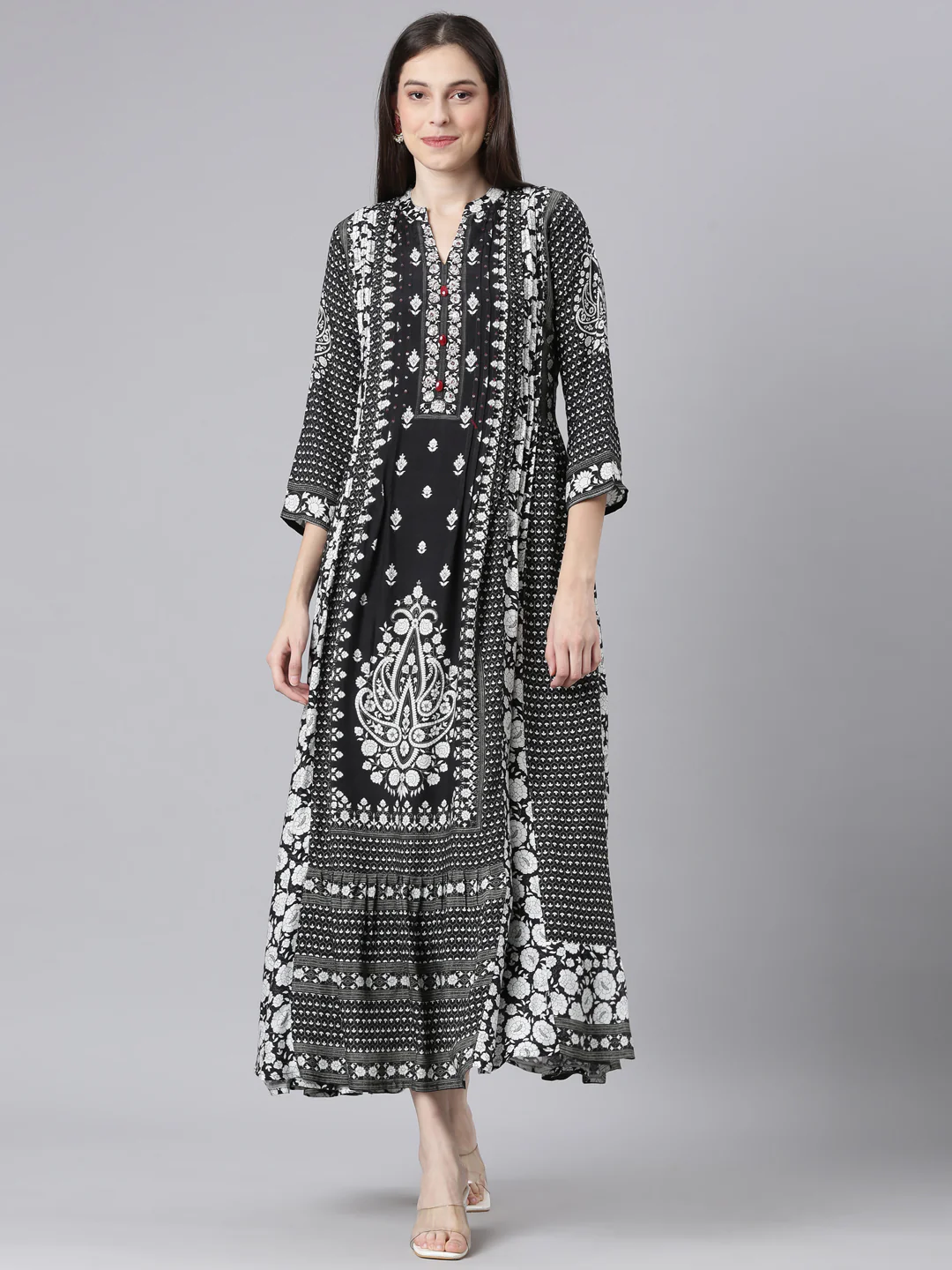 Neerus Black Curved Casual Floral Dresses.