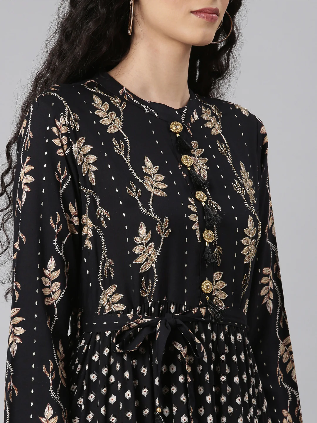 Neerus Black Curved Casual Floral Maxi Dresses - Image 5
