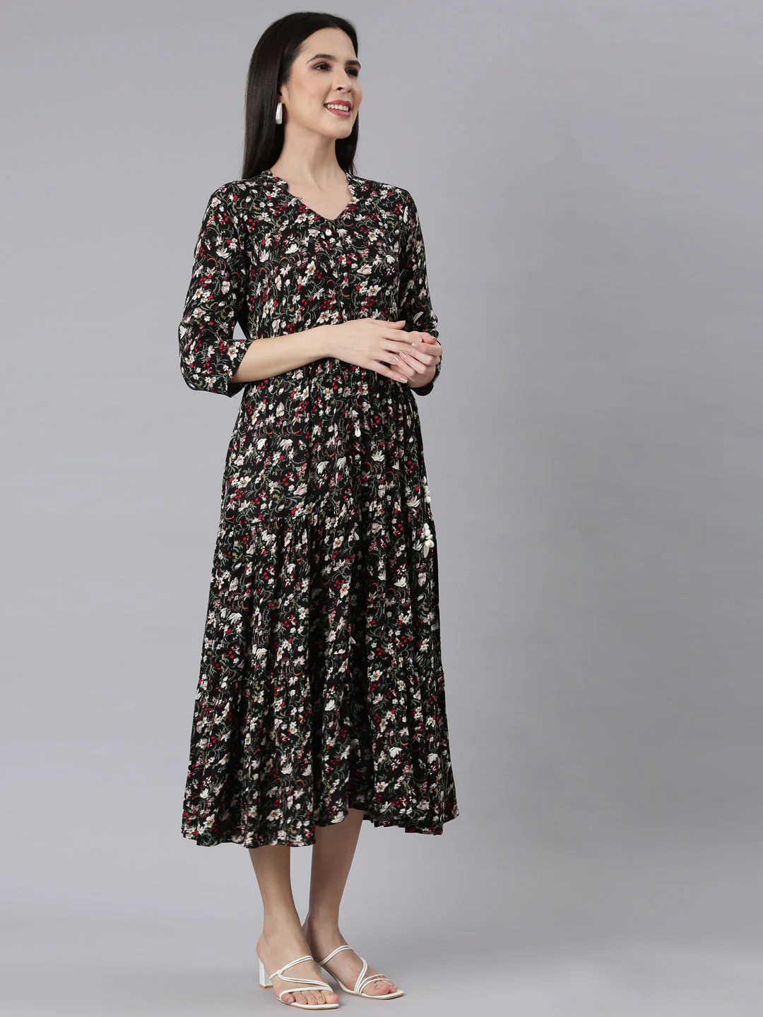 Neerus Black Curved Casual Floral Maxi Dresses - Image 2