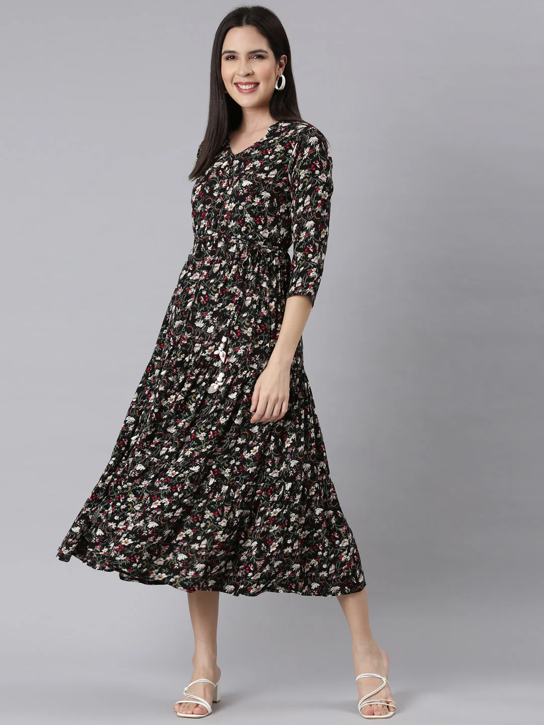 Neerus Black Curved Casual Floral Maxi Dresses - Image 4