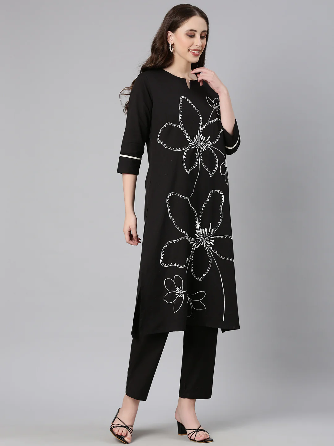 Neerus Black Embroidered Straight Kurta and Trousers - Image 2