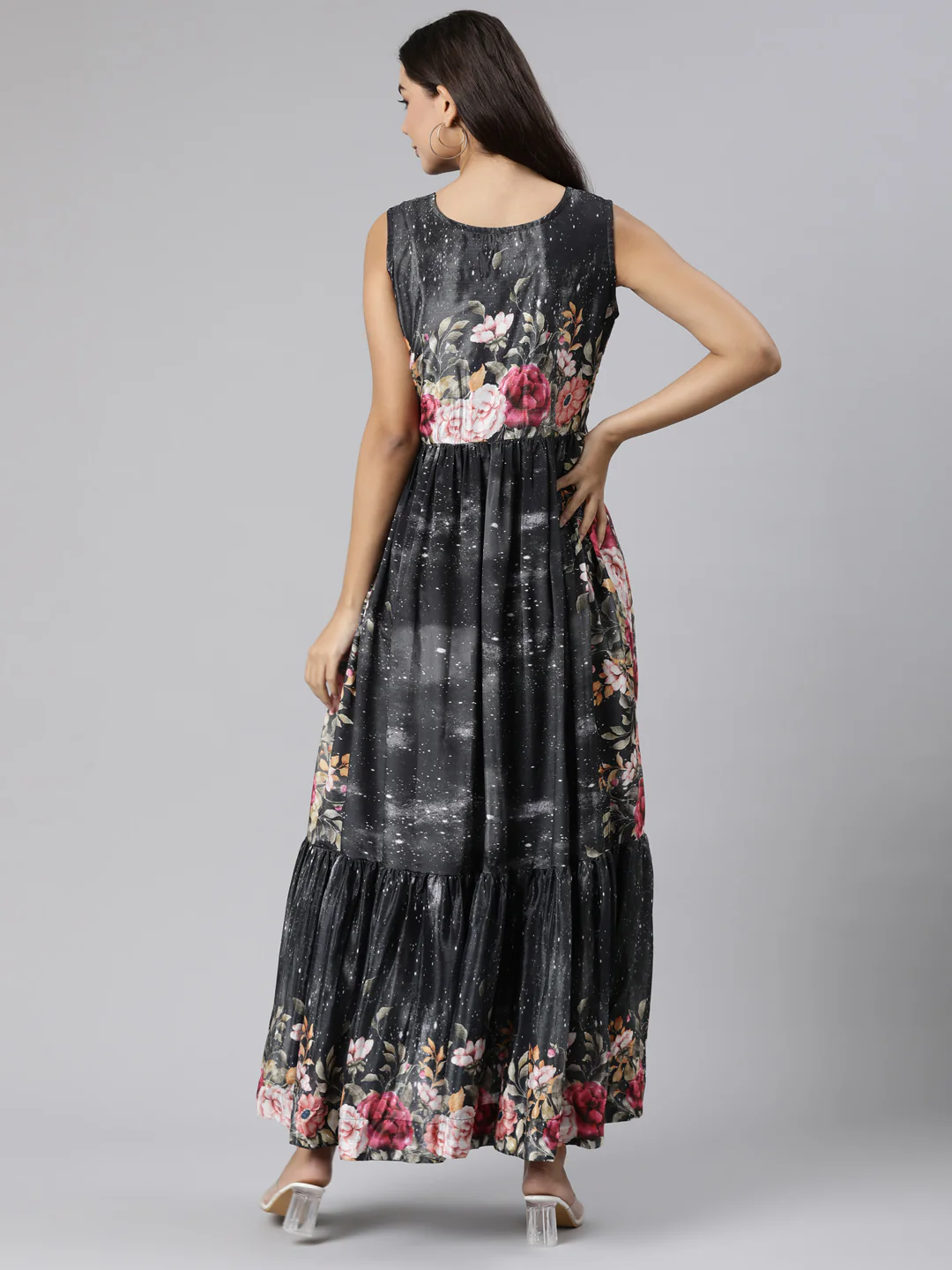 Neerus Black Flared Casual Floral Dresses - Image 3
