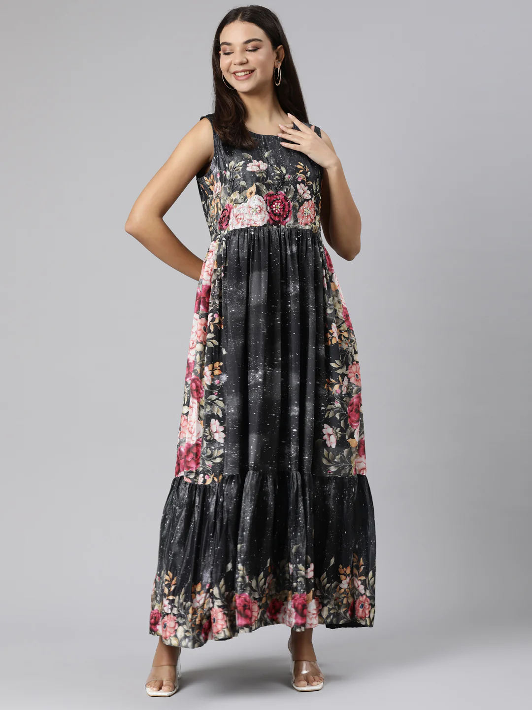 Neerus Black Flared Casual Floral Dresses - Image 5