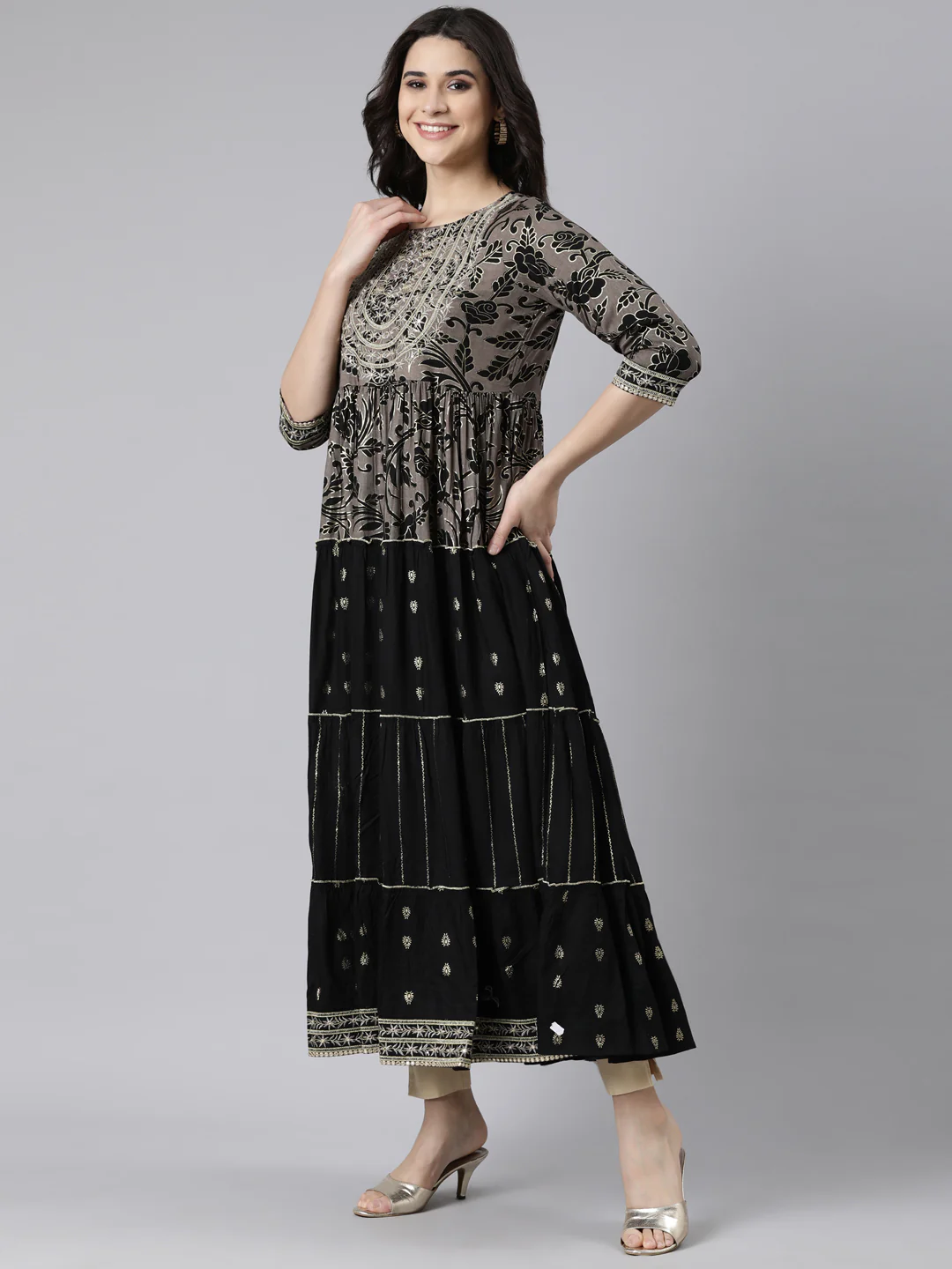 Neerus Black Flared Casual Floral Maxi Dresses - Image 2