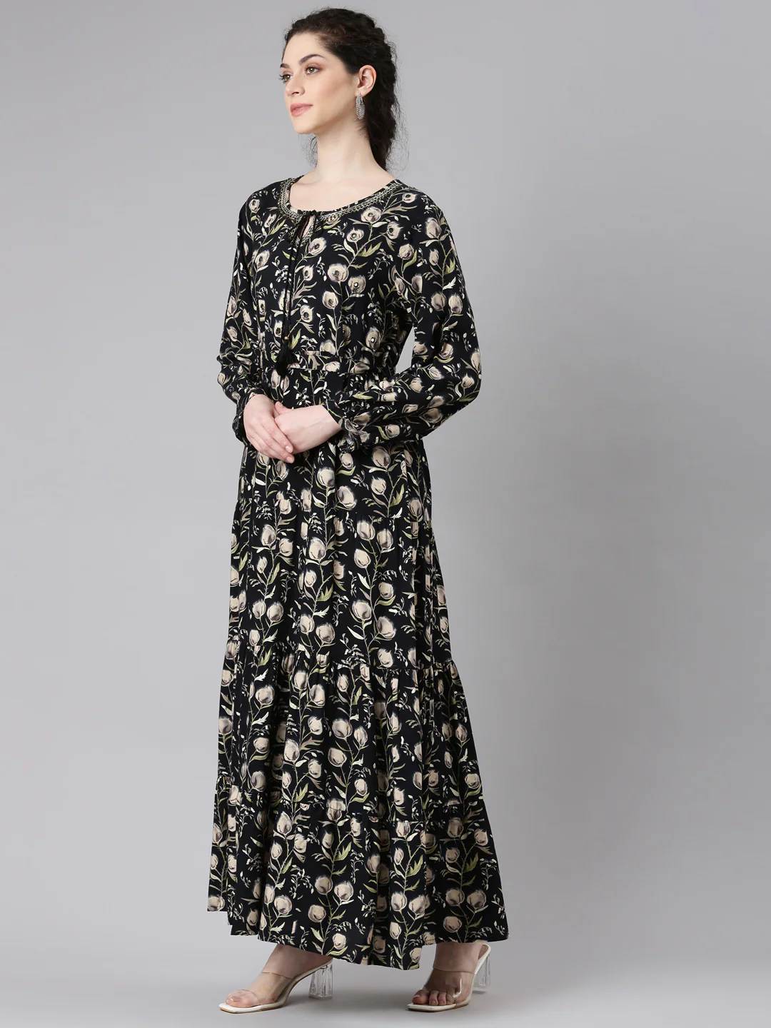 Neerus Black Floral Printed Maxi Dresses - Image 2