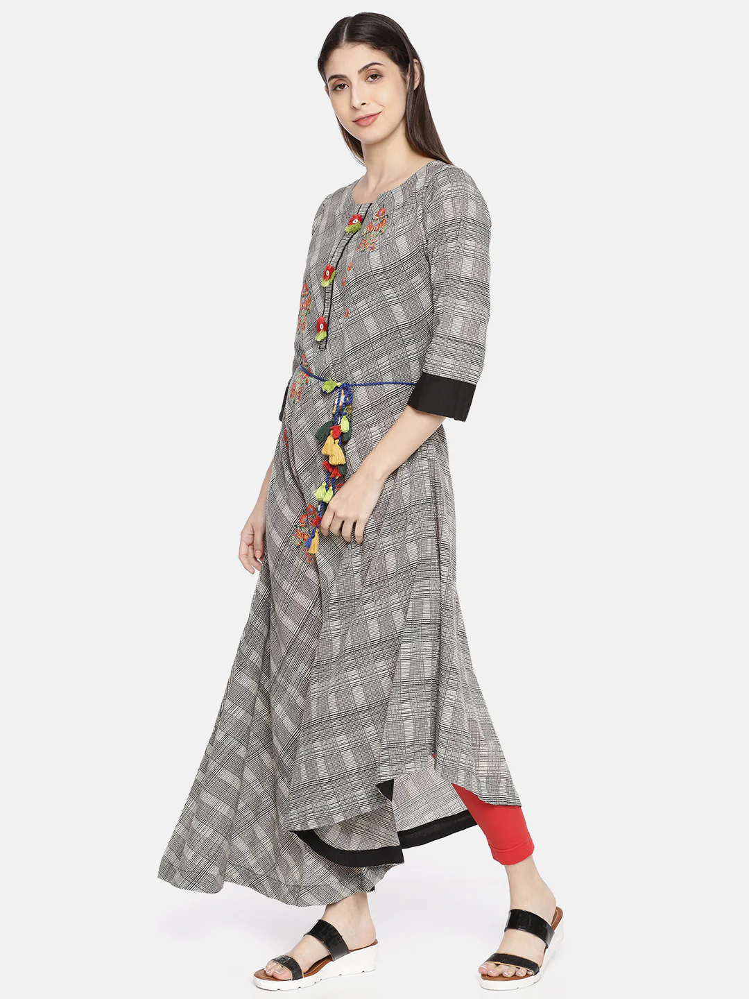 Neerus Black & Grey Embroidered High Low Kurta - Image 3