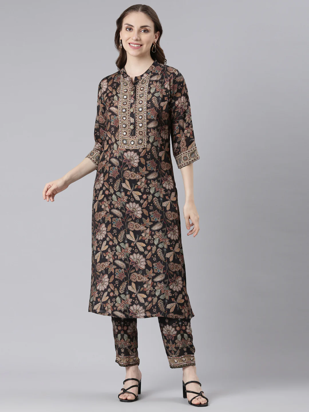 Neerus Black Muslin Straight Casual Floral Kurta Sets - Image 6