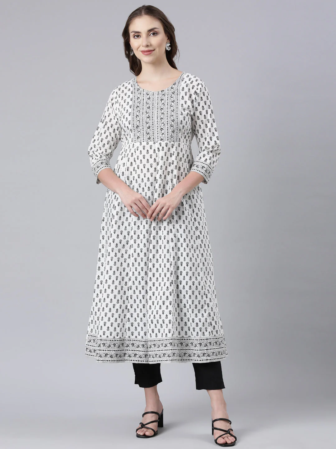 Neerus Black Panelled Anarkali Floral Kurta