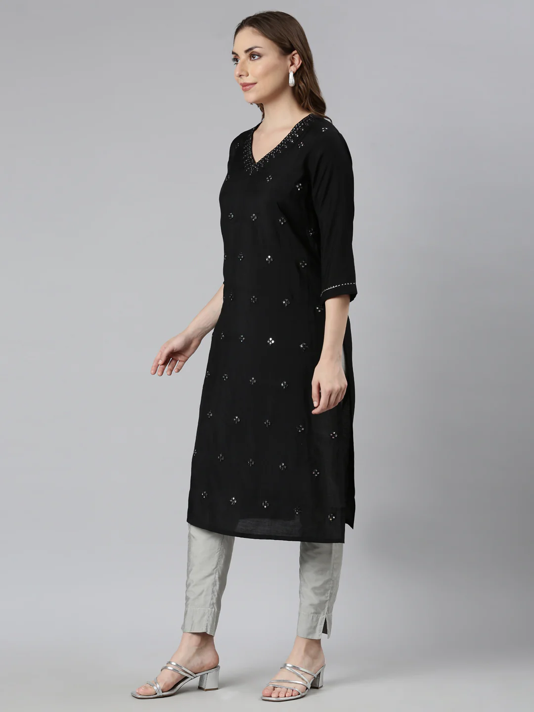 Neerus Black Panelled Straight Embellished Kurta - Image 2