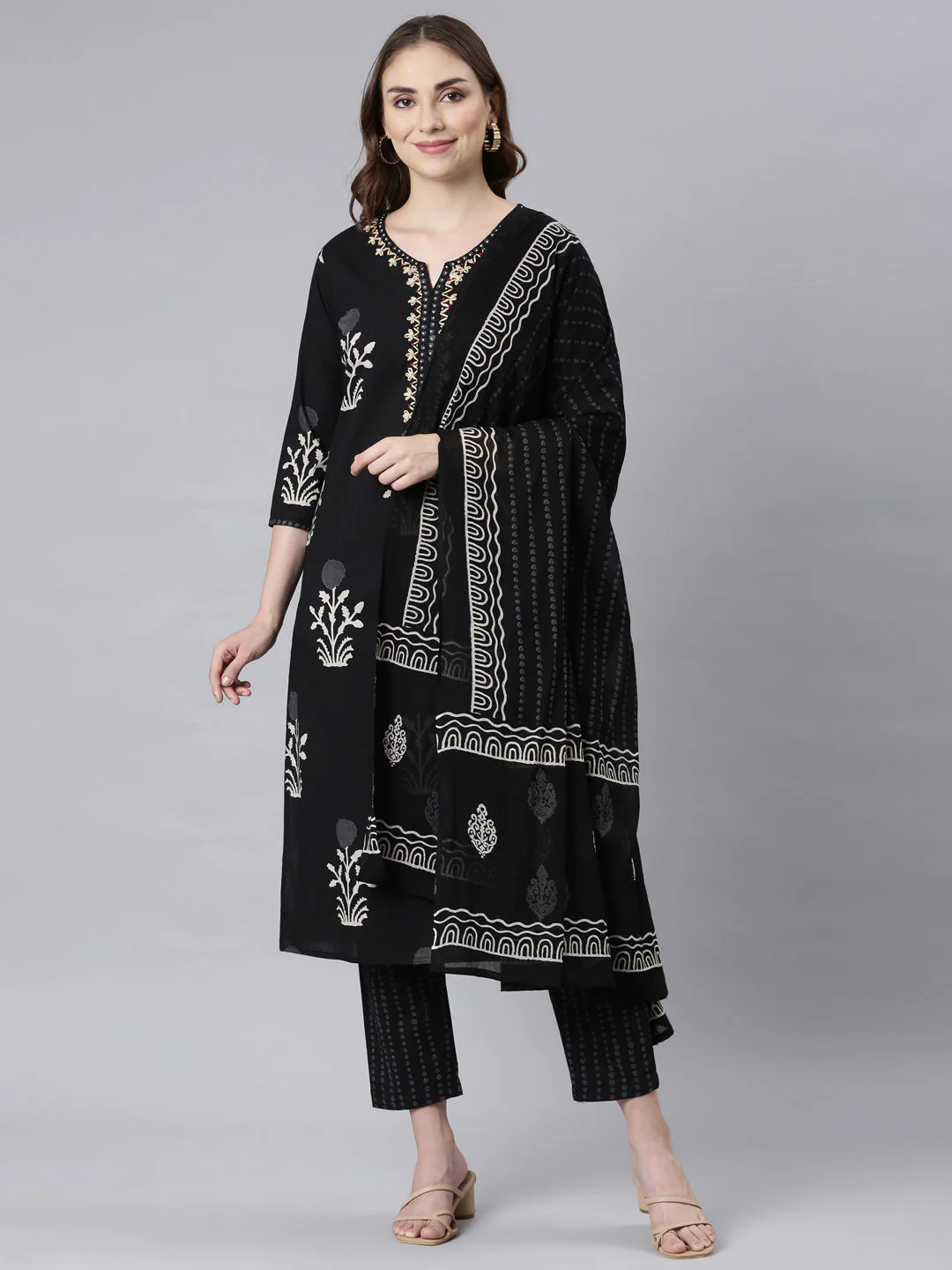 Neerus Black Panelled Straight Floral Readymade Suits - Image 5