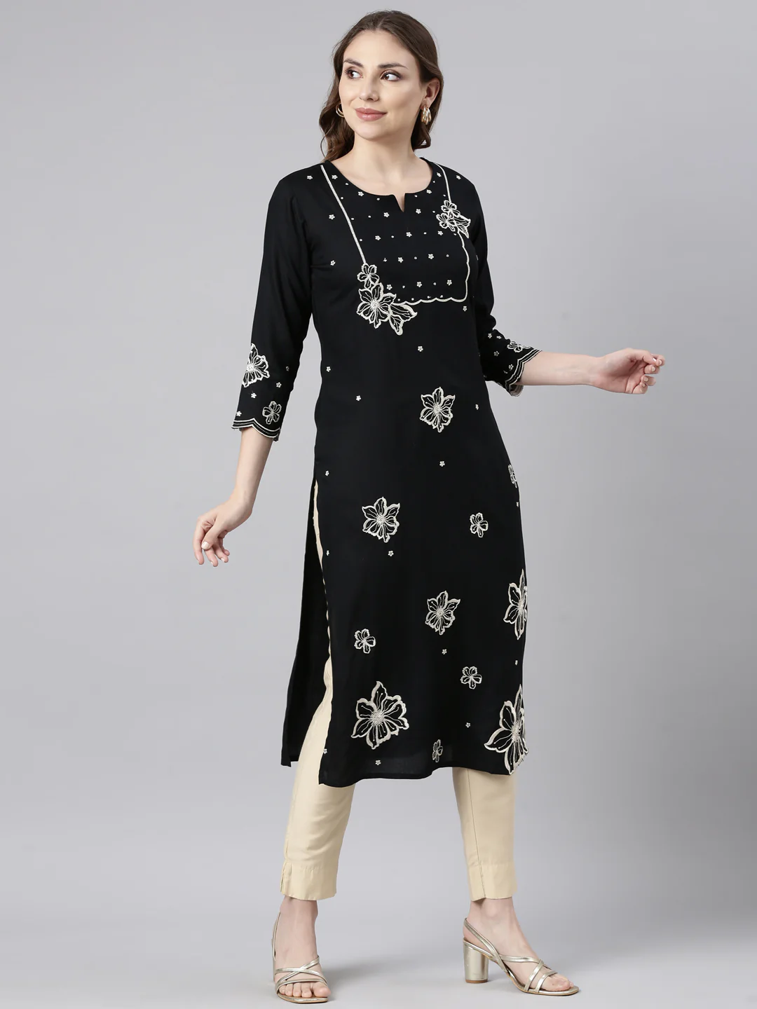 Neerus Black Panelled Straight Floral Kurta - Image 2