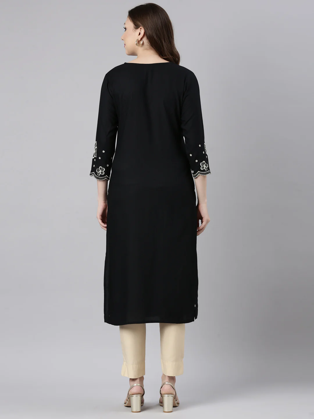 Neerus Black Panelled Straight Floral Kurta - Image 3