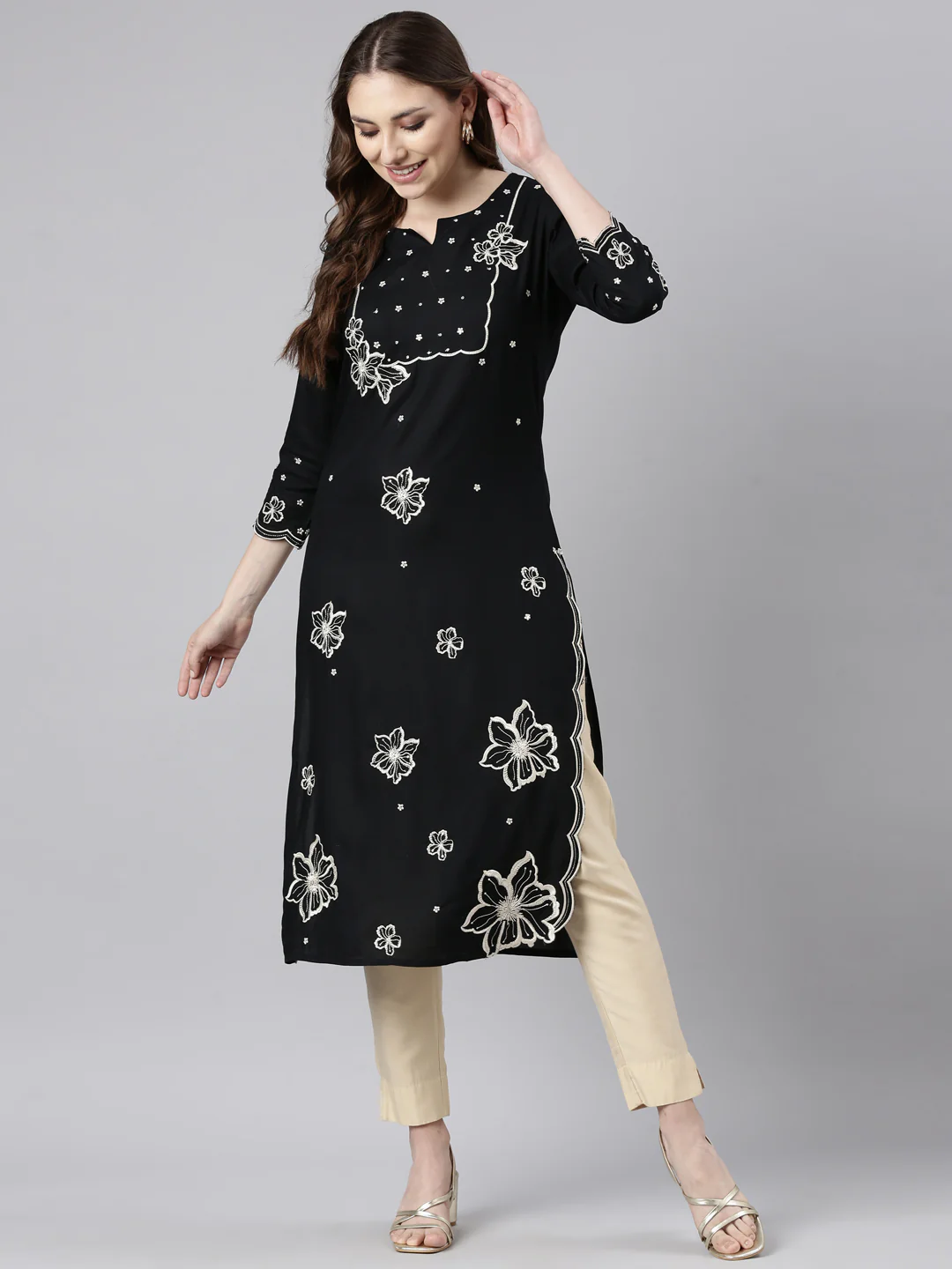 Neerus Black Panelled Straight Floral Kurta - Image 5