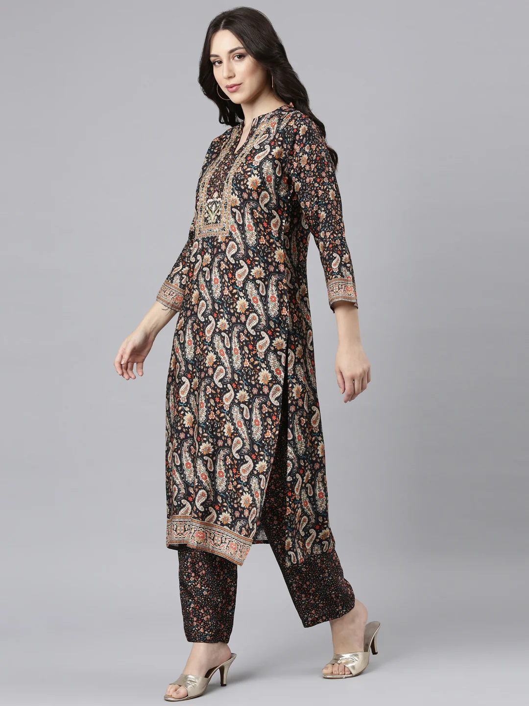 Neerus Black Panelled Straight Kurta and Trousers With Dupatta - Image 2