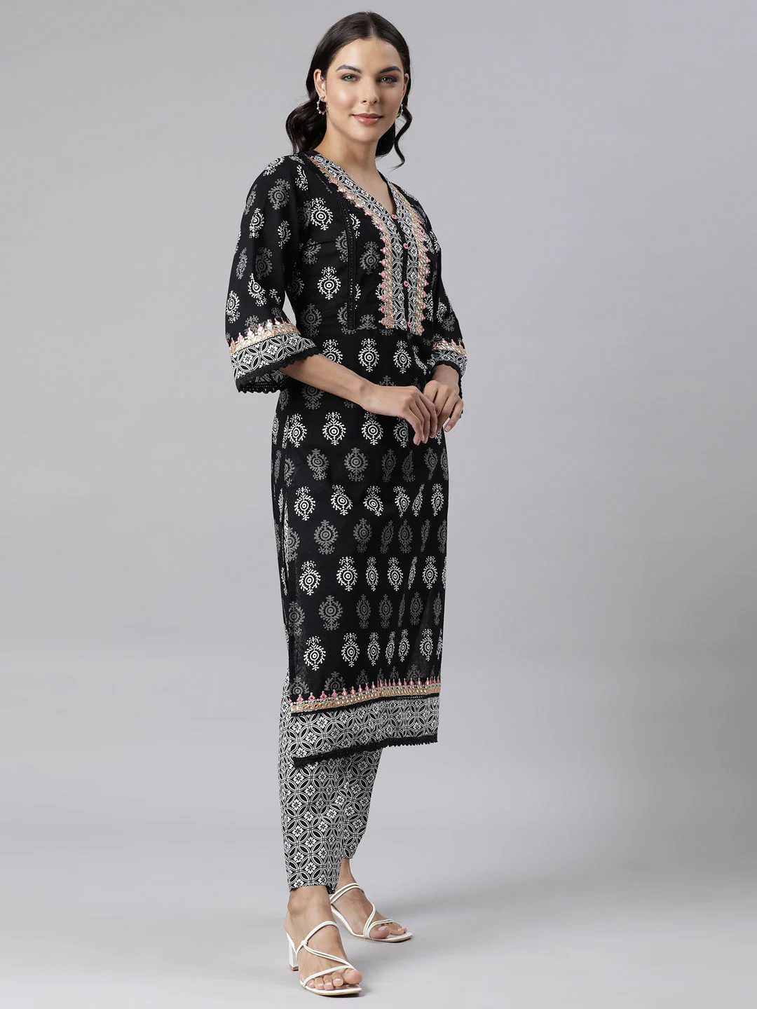 Neerus Black Panelled Straight Printed Kurta And Trousers With Dupatta - Image 3
