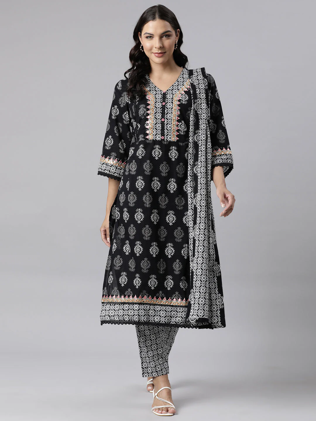 Neerus Black Panelled Straight Printed Kurta And Trousers With Dupatta - Image 6