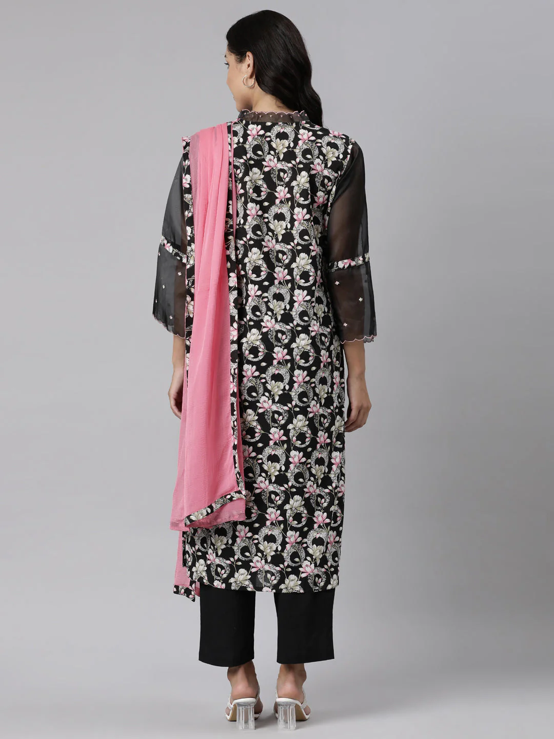 Neerus Black Panelled Straight Printed Kurta And Trousers With Dupatta - Image 4