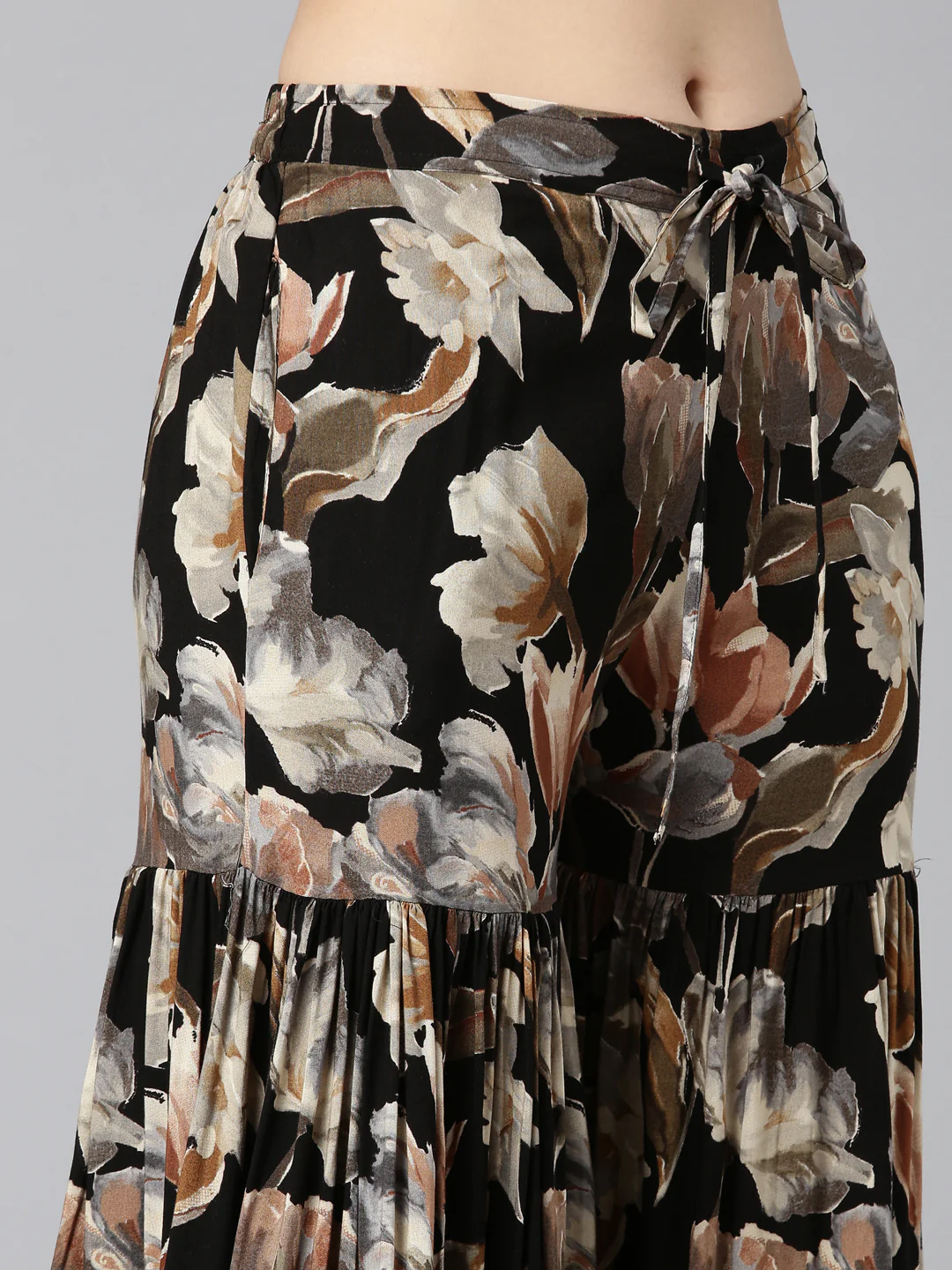 Neerus Black Pleated Straight Floral Kurta And Sharara With Dupatta - Image 6
