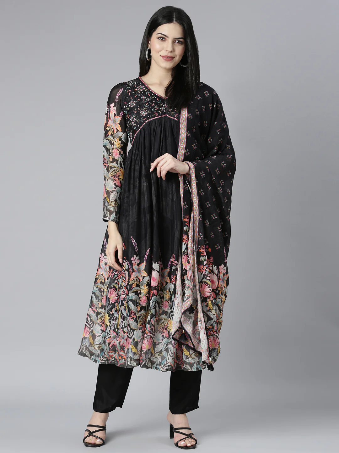 Neerus Black Pleated Straight Floral Kurta And Trousers With Dupatta - Image 5