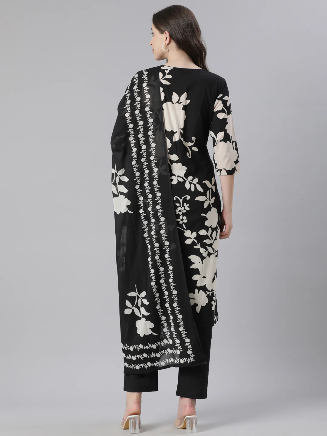 Neerus Black Printed Straight Kurta and Trousers With Dupatta - Image 3