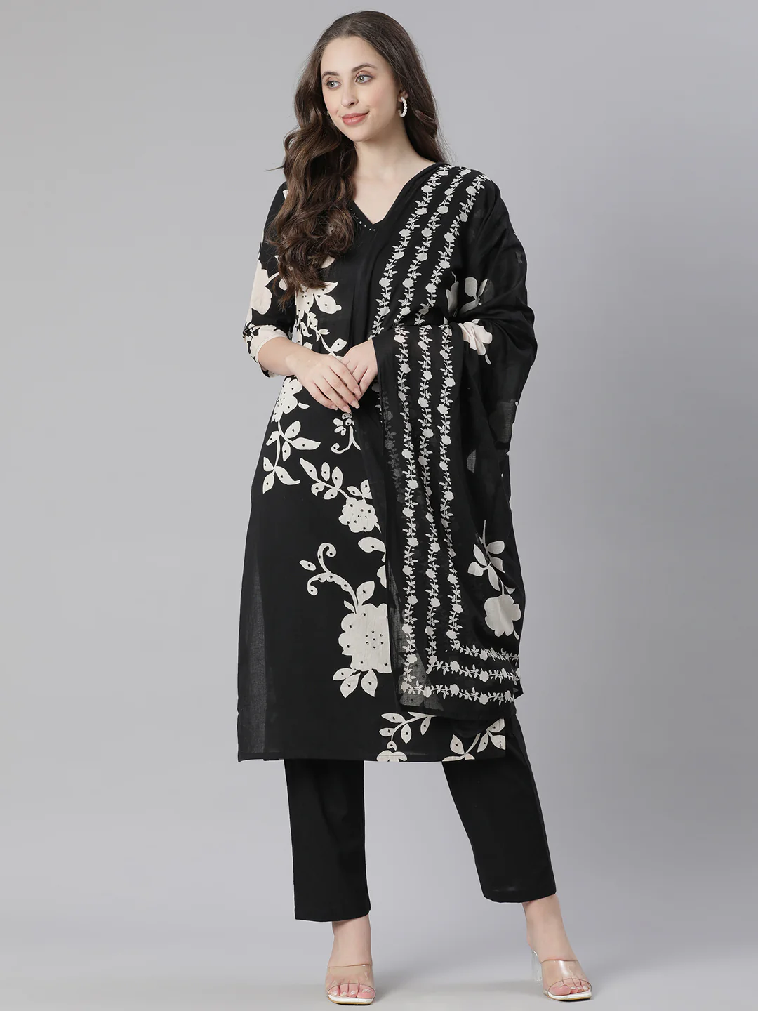 Neerus Black Printed Straight Kurta and Trousers With Dupatta - Image 5
