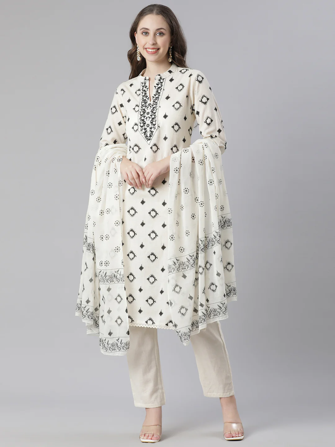 Neerus Black Printed Straight Kurta and Trousers With Dupatta
