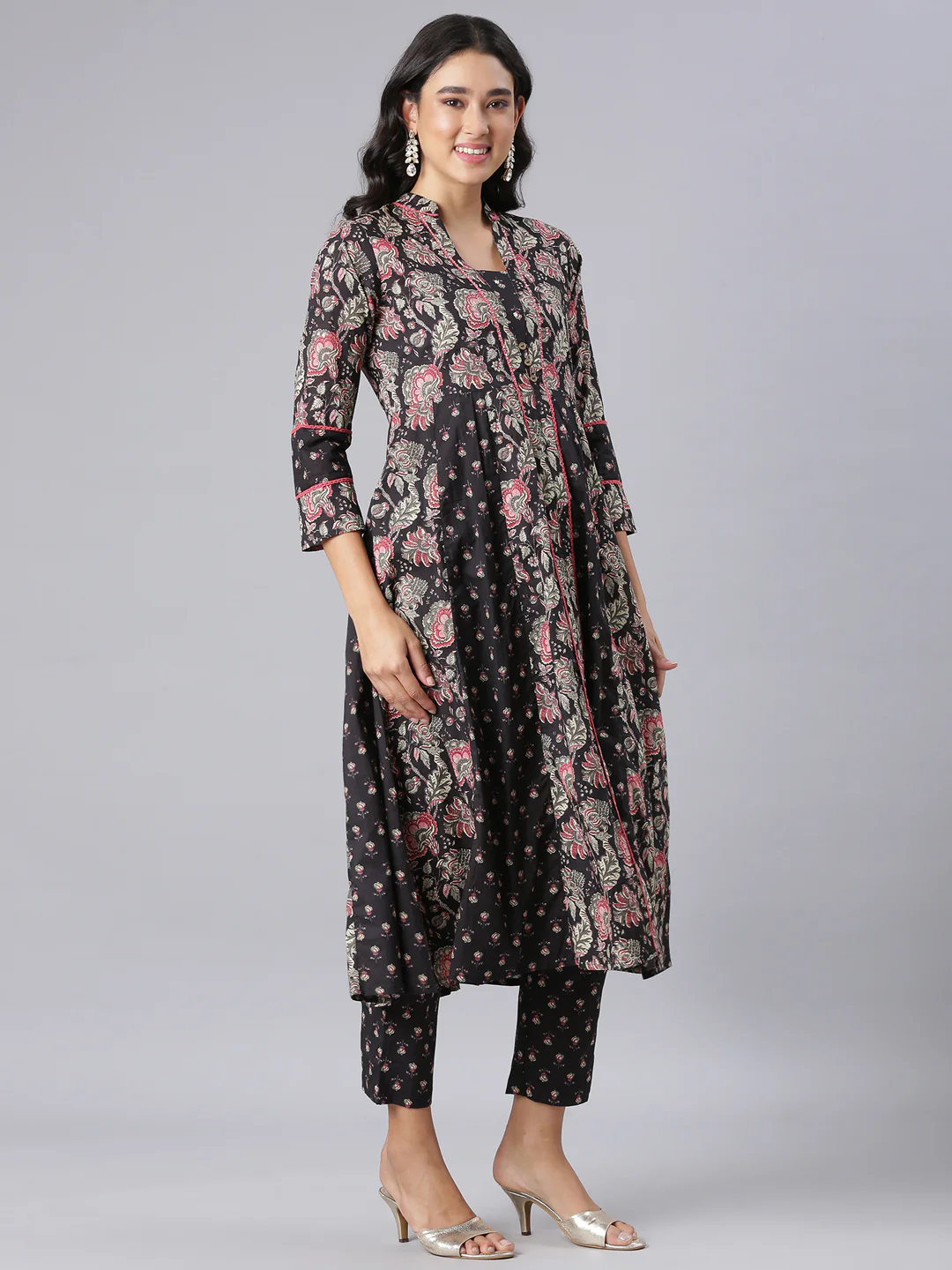Neerus Black Printed Straight Kurta And Trousers With Dupatta - Image 2