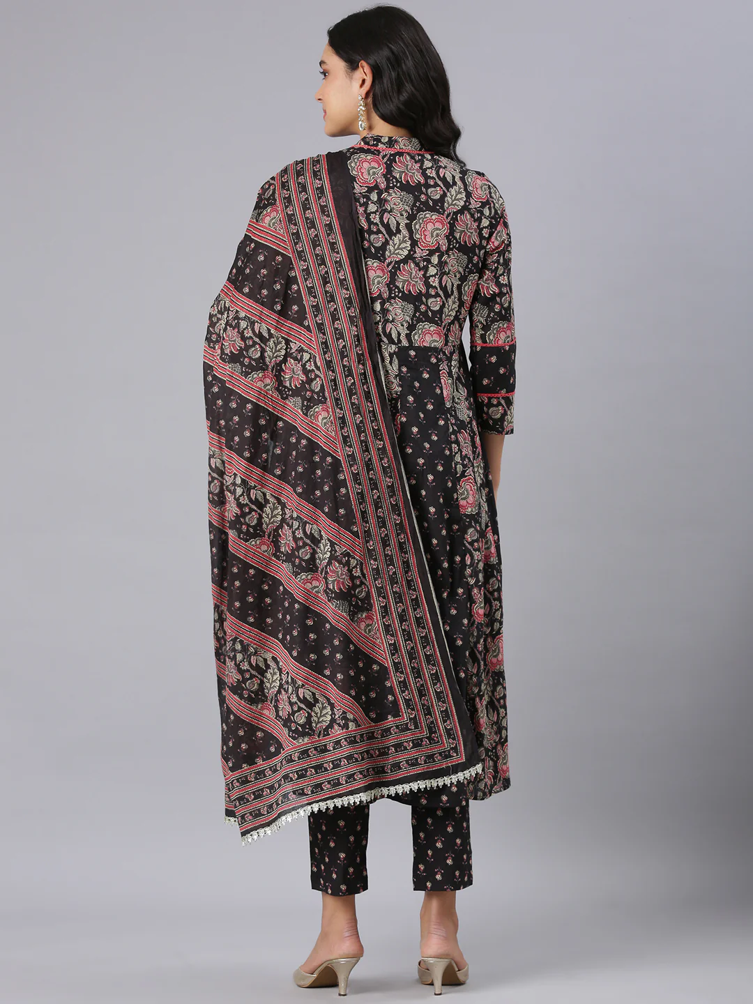 Neerus Black Printed Straight Kurta And Trousers With Dupatta - Image 3