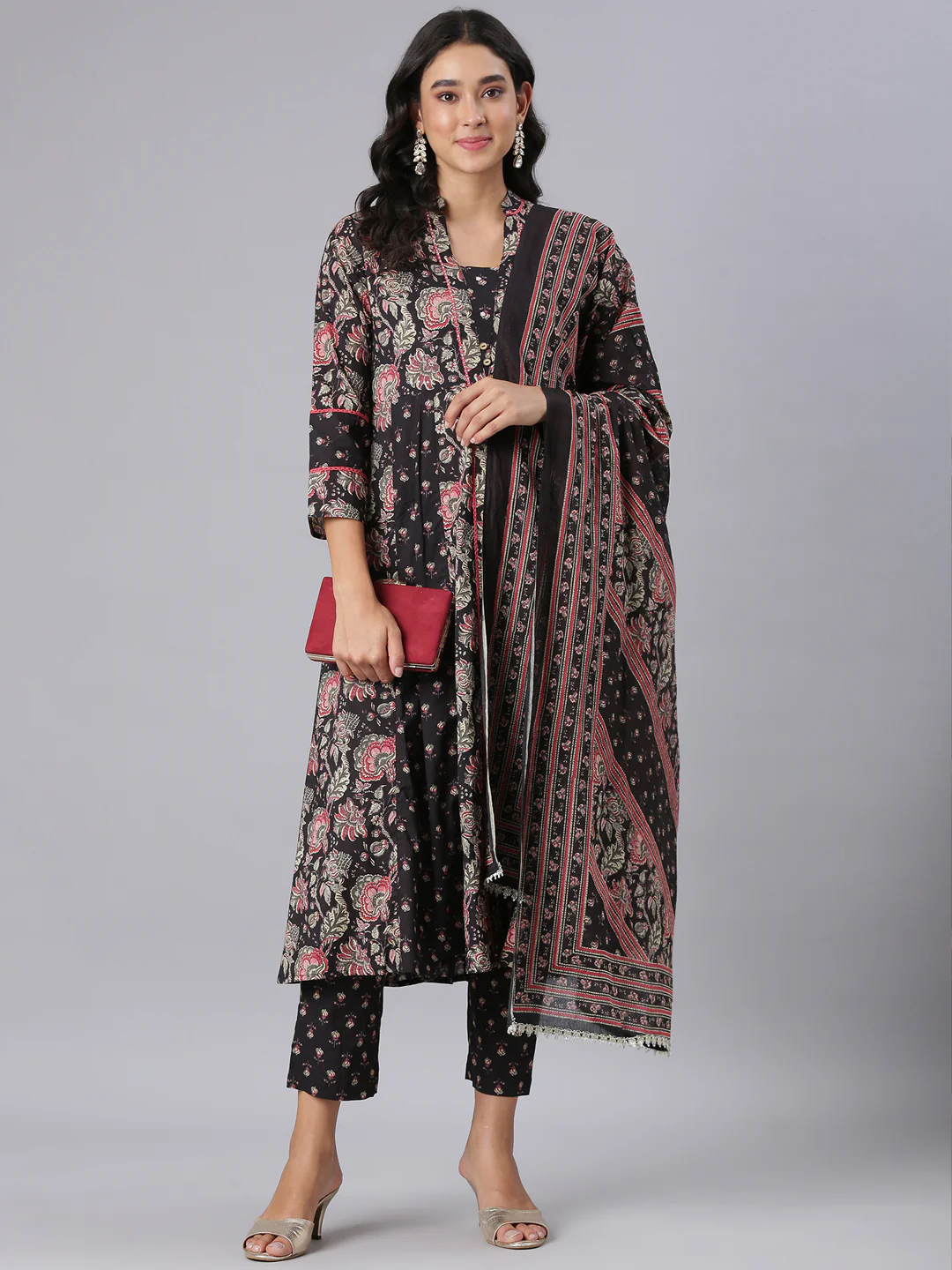 Neerus Black Printed Straight Kurta And Trousers With Dupatta - Image 5