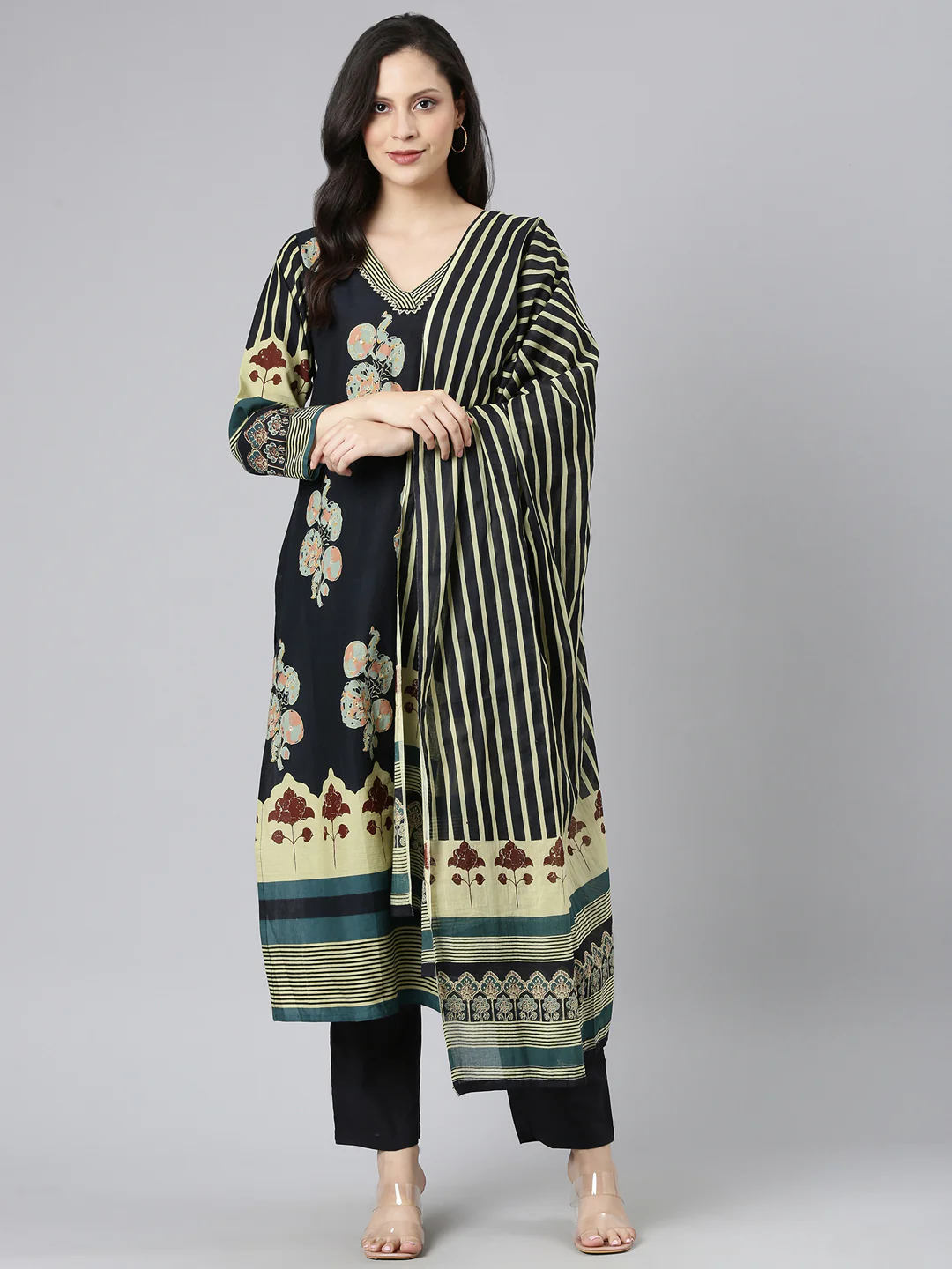 Neerus Black Printed Straight Kurta and Trousers With Dupatta - Image 5