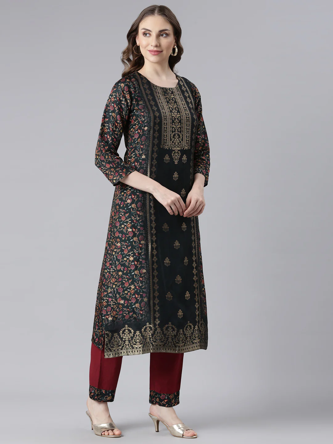 Neerus Black Raw Silk Straight Casual Floral Kurta and Trouser with Dupatta - Image 3