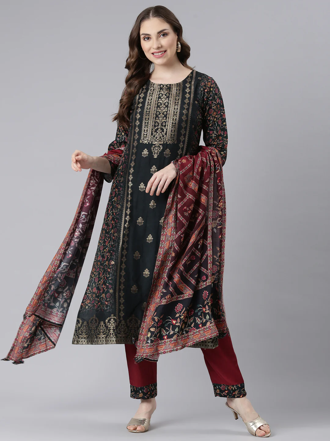 Neerus Black Raw Silk Straight Casual Floral Kurta and Trouser with Dupatta - Image 6