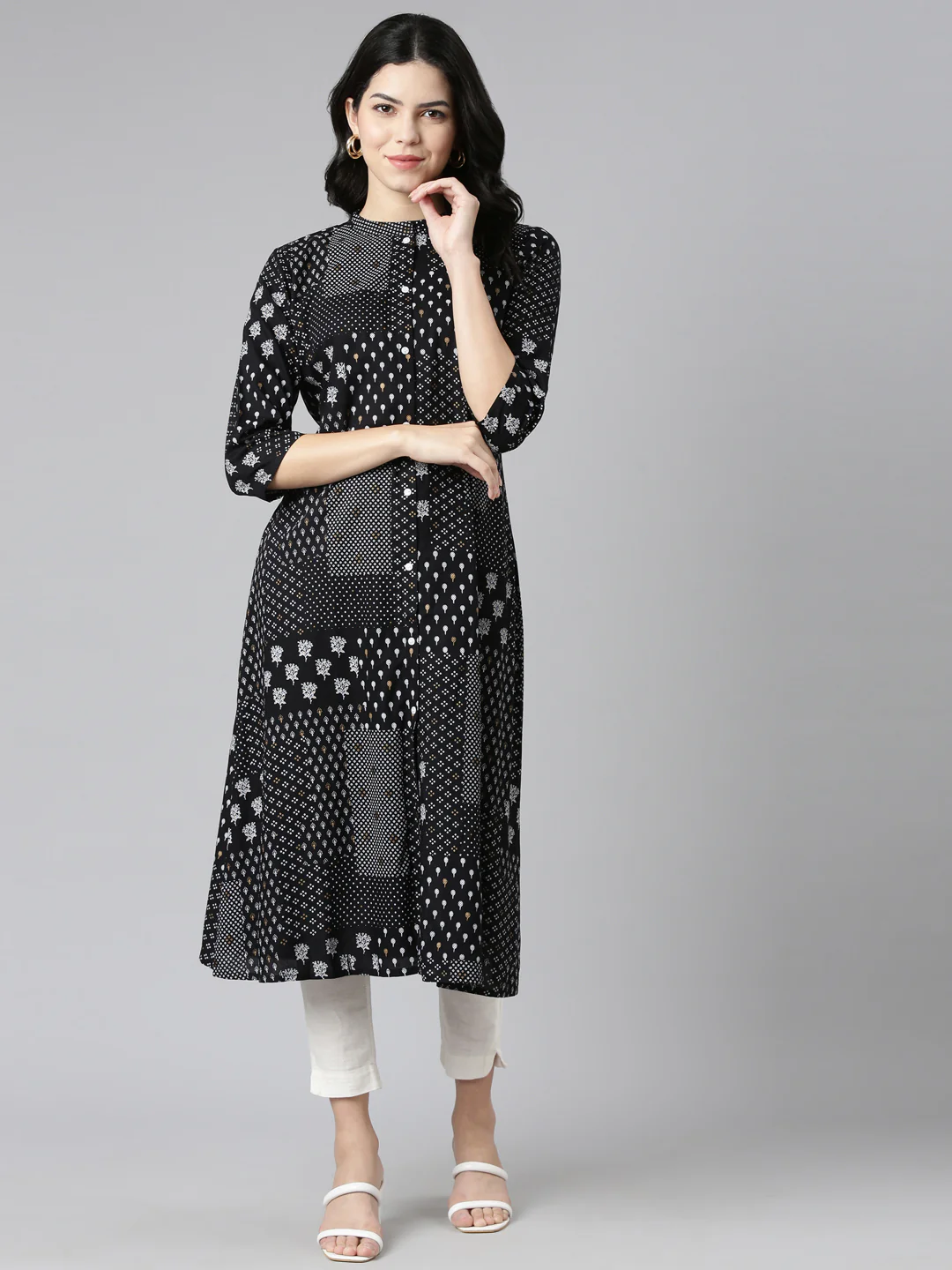 Neerus Black Regular A-Line Printed Kurta - Image 5