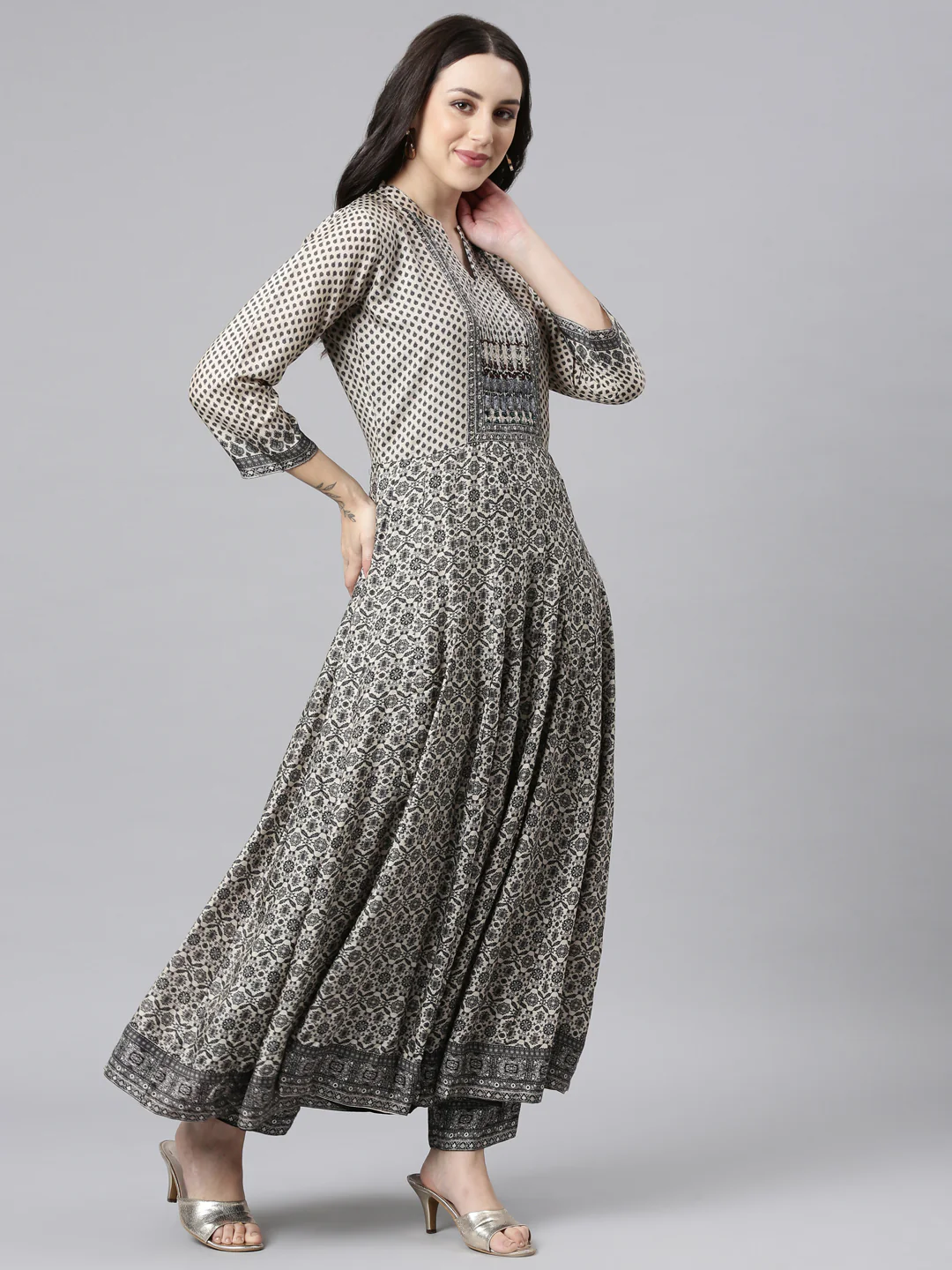 Neerus Black Regular Anarkali Kurta and Trousers With Dupatta - Image 2