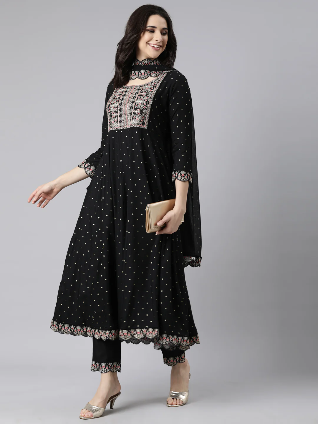 Neerus Black Regular Flared Ethnic Motifs Kurta And Trousers With Dupatta - Image 5