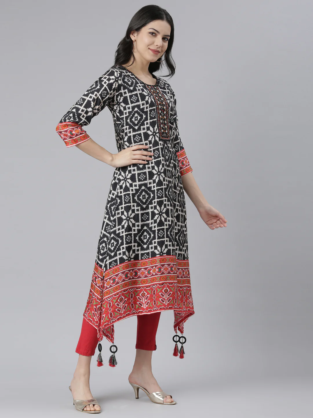 Neerus Black Regular High-Low Kurta - Image 2